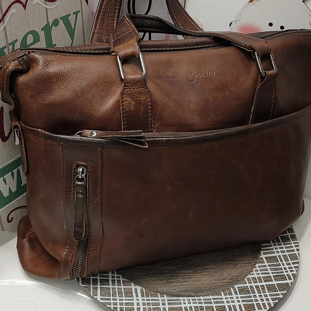 🥰 GUC Baccini Leandro Genuine Italian Leather Laptop Bag, Cognac Brown, 16 in.